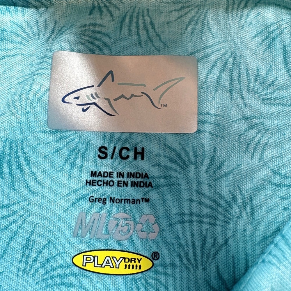 Greg Norman Polo Shirt Mens Small Aqua Blue Palm Print ML75 Play Dry Golf Top - Picture 4 of 9